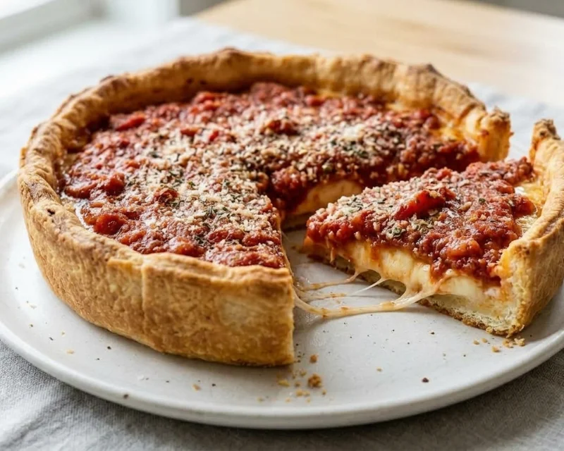 Part de Chicago deep dish à la pâte haute, fromage au fond et sauce tomate par-dessus