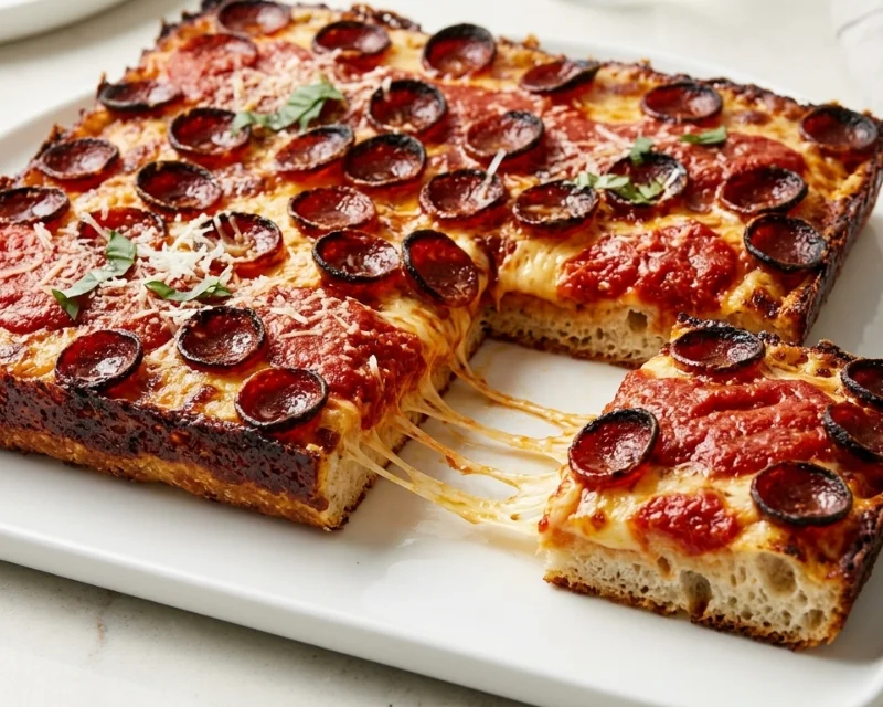 Detroit pizza rectangulaire au fromage caramélisé sur les bords et sauce en bandes