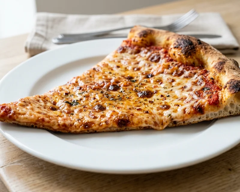Part de pizza new-yorkaise, grande et fine, pliée en deux dans la main