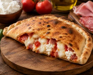 Calzone doré, pizza pliée et fermée garnie de ricotta et de charcuterie
