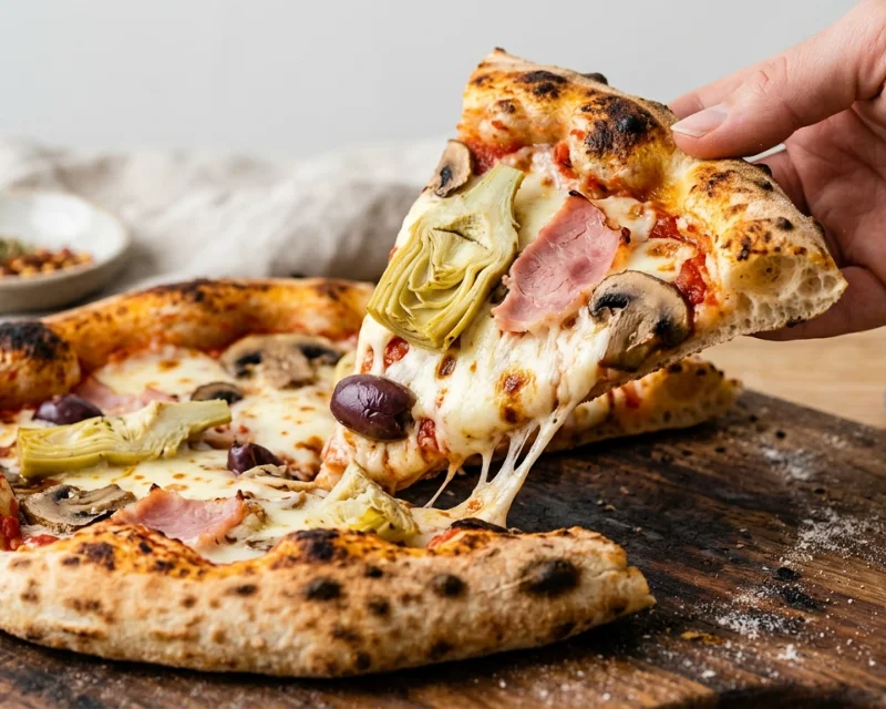 Pizza capricciosa garnie d'artichauts, champignons, jambon et olives mélangés