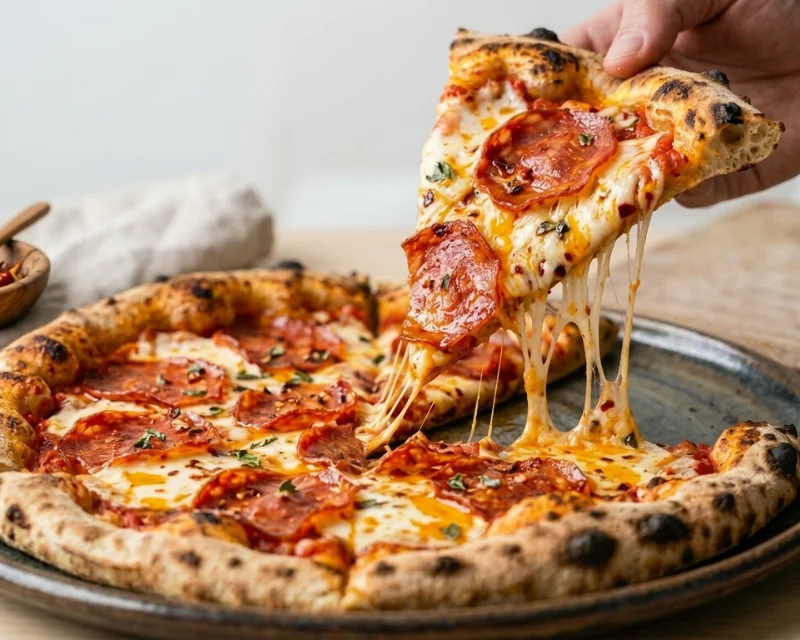 Pizza diavola aux rondelles de salami piquant sur mozzarella fondue