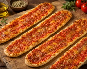 Pizza lingue allongées et croustillantes, garnies de tomate et mozzarella