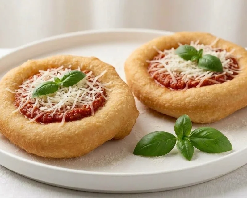 Pizza montanara frite puis garnie de sauce tomate, parmesan et basilic