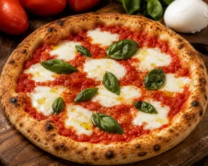 Pizza napolitaine au cornicione gonflé, tomate, mozzarella et basilic