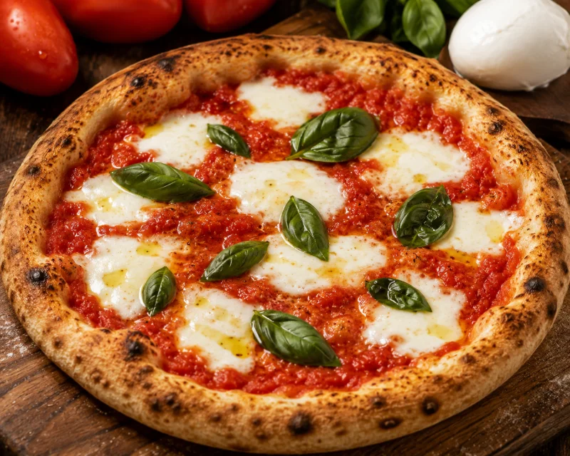 Pizza napolitaine au cornicione gonflé, tomate, mozzarella et basilic