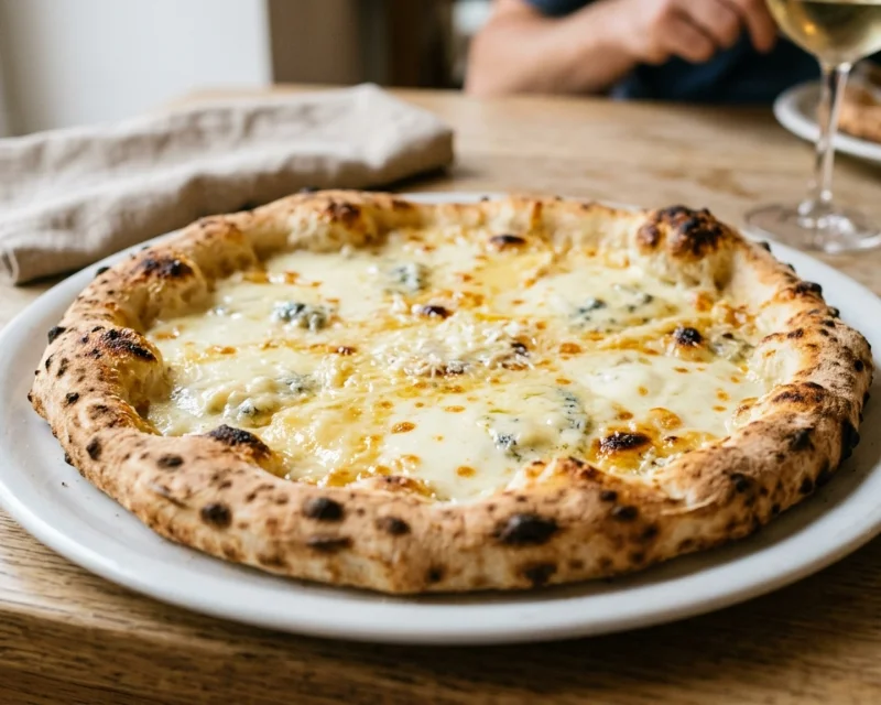 Pizza quattro formaggi aux quatre fromages fondus, sans sauce tomate