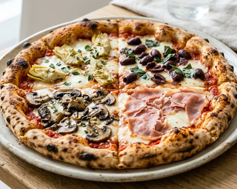 Pizza quattro stagioni divisée en quatre quartiers garnis différemment
