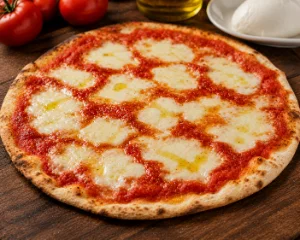 Pizza romaine fine et craquante, tomate et mozzarella fior di latte