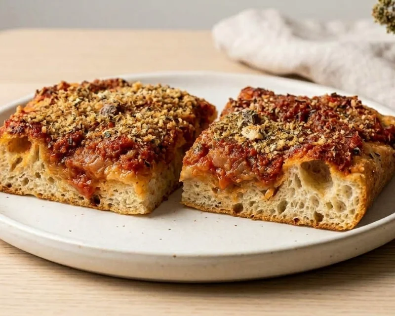 Sfincione palermitain épais et spongieux, garni d'oignons, anchois et chapelure
