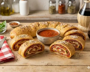 Stromboli tranché, pizza roulée en bûche garnie de charcuterie et mozzarella